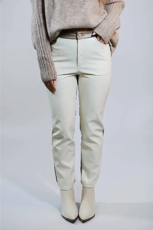 Rebel Charm Split Leather Pants In Cream/mocha