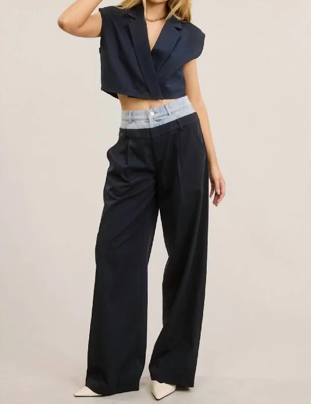 Wide Leg Trouser With Denim Waistband In Navy