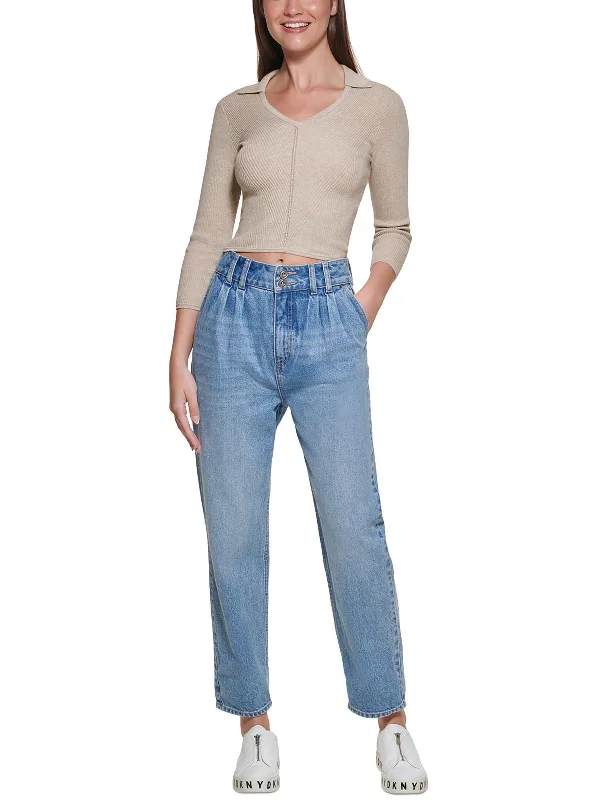 Womens Pleated High Waist Straight Leg Jeans