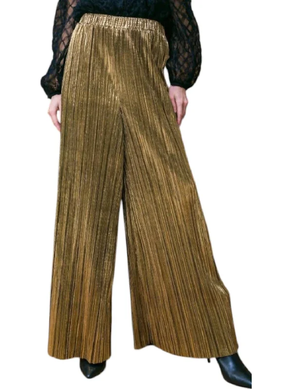 Woven Pleated Pants In Gold